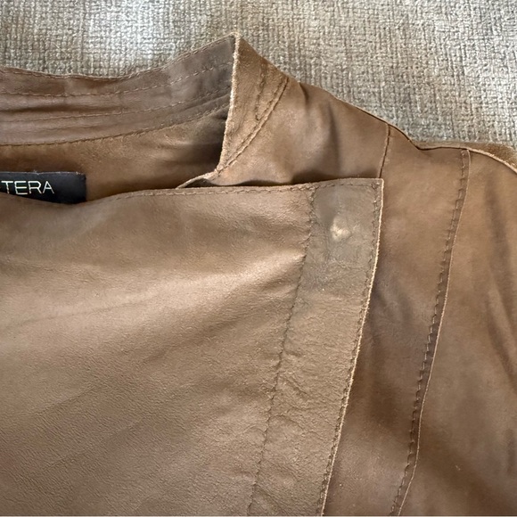 Etcetera Women Brown Genuine Leather Asymmetrical Snap Jacket Size 4 Taupe Moto - Picture 12 of 15